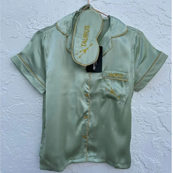 Pretty Little Thing Womens Embroidered Taurus Sign Satin PJ Set Green Sz 2 - Picture 1 of 9